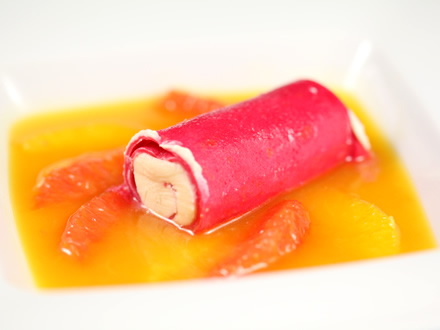 BEETROOT-INFUSED CREPES WITH MASCARPONE CINNAMON FILLING AND SPICED ORANGE SAUCE