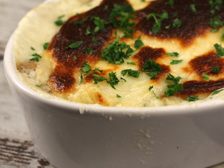 FRENCH-STYLE DUMPLINGS WITH MUSHROOMS AND MORNAY SAUCE